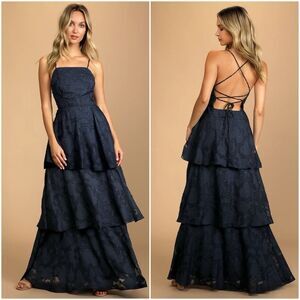 Lulus Loving Celebration Navy Blue Lace-Up Tiered Maxi Dress Size Medium